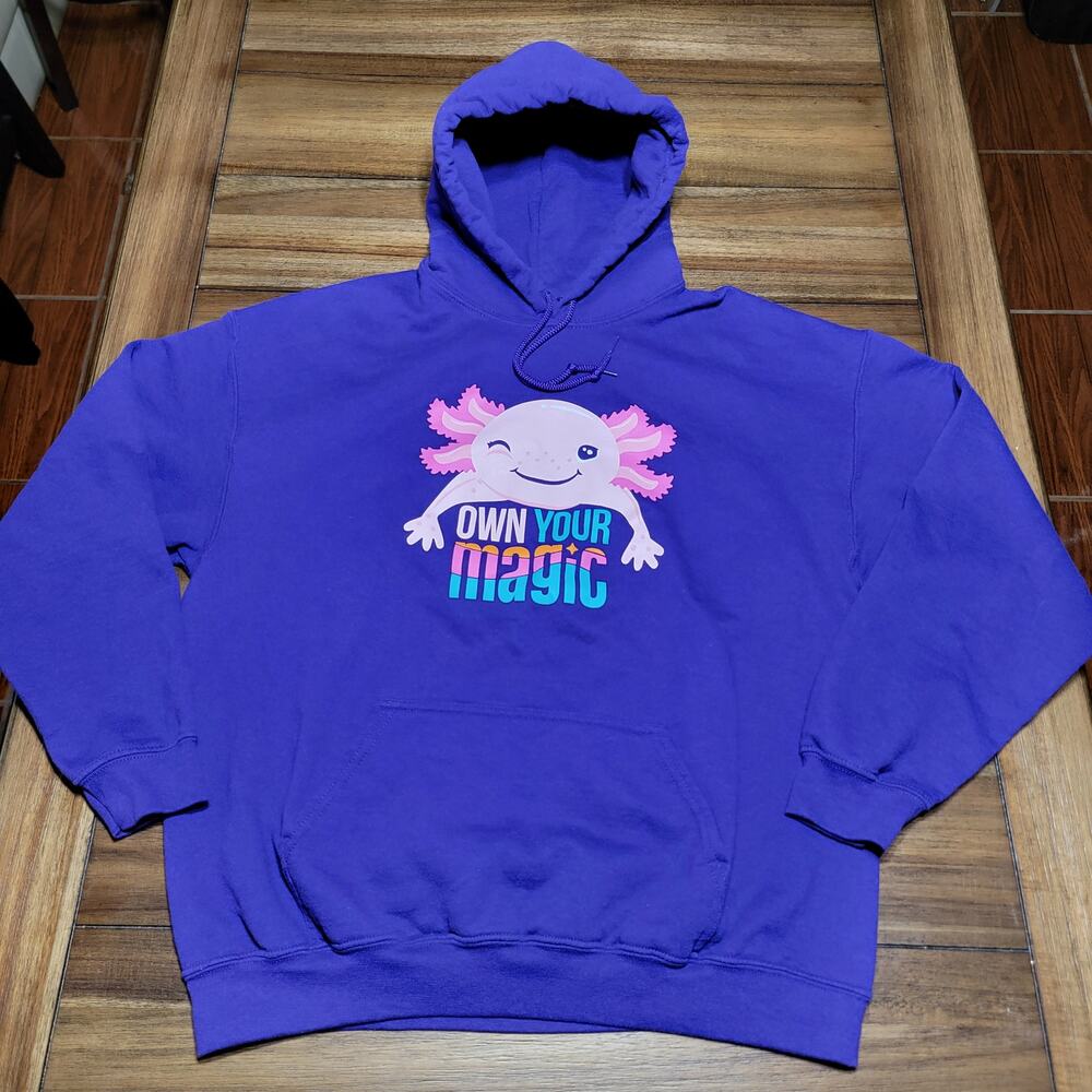 Gildan Purple Pullover Hoodie Axolotl "Own Your Magic" - Size Large